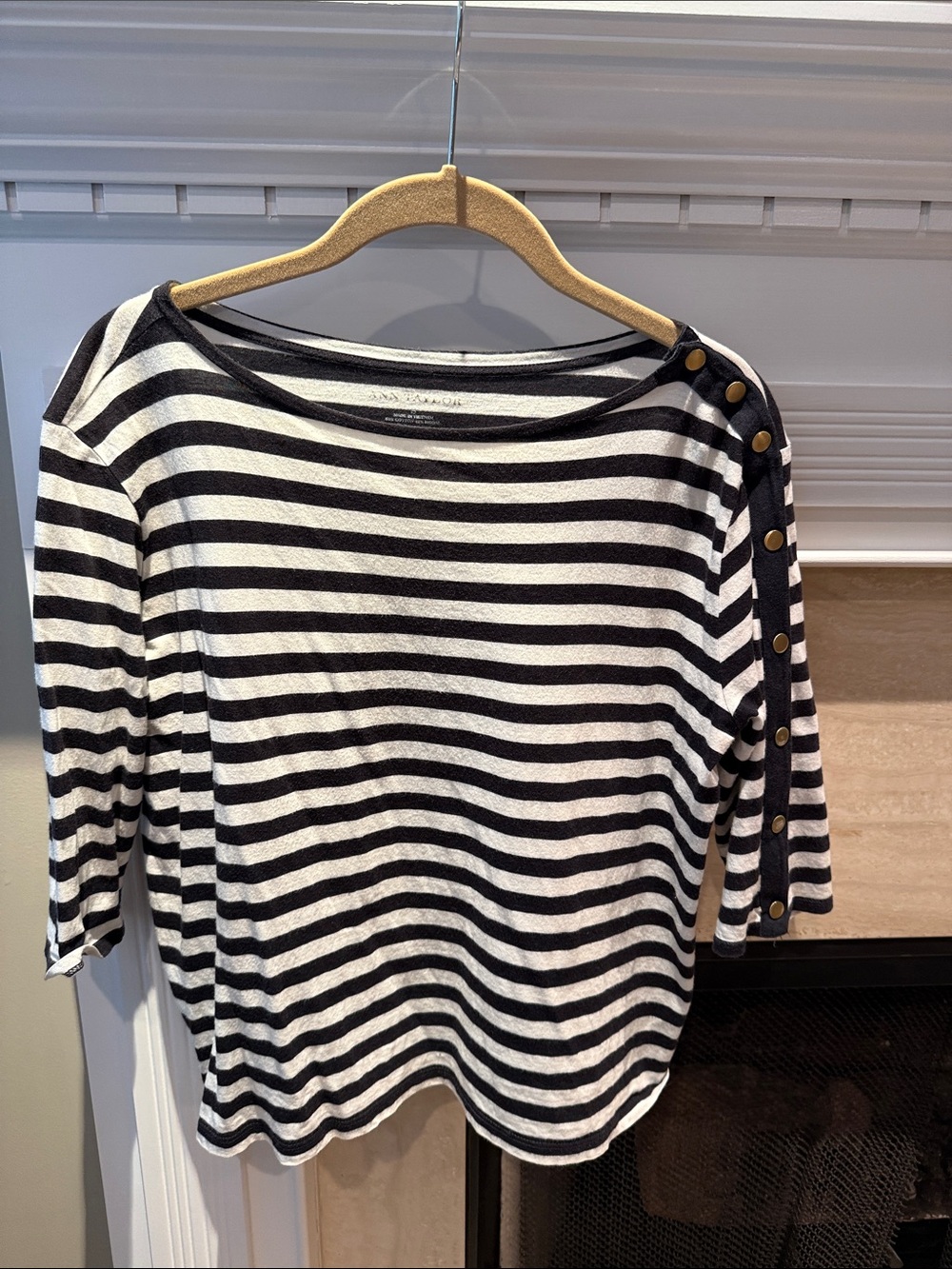 Ann Taylor Black and White Striped Boatneck Top with Shoulder Buttons